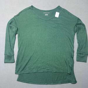 American Eagle Green Ribbed V-Neck Long Sleeve Top Size XS